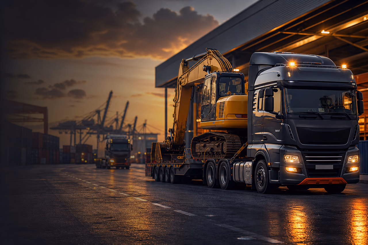 Oversized cargo on a low-loader at a container terminal — Bystrox complex international freight quote
